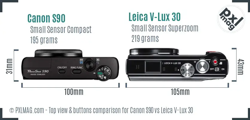 Canon S90 vs Leica V-Lux 30 top view buttons comparison