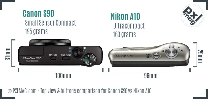 Canon S90 vs Nikon A10 top view buttons comparison