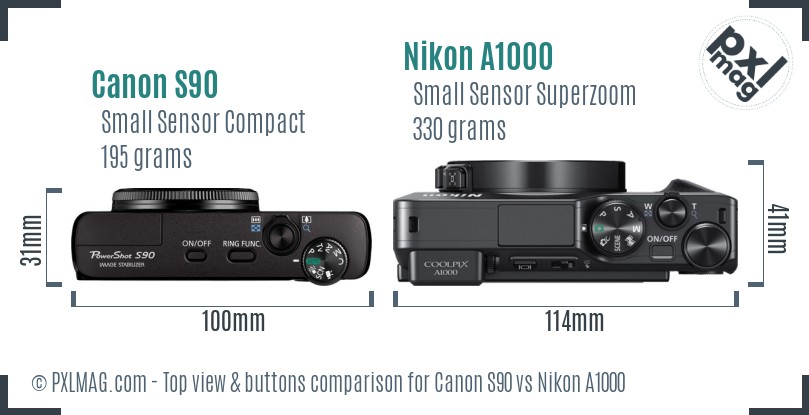 Canon S90 vs Nikon A1000 top view buttons comparison