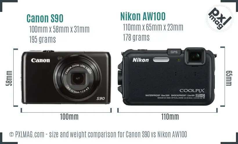 Canon S90 vs Nikon AW100 size comparison