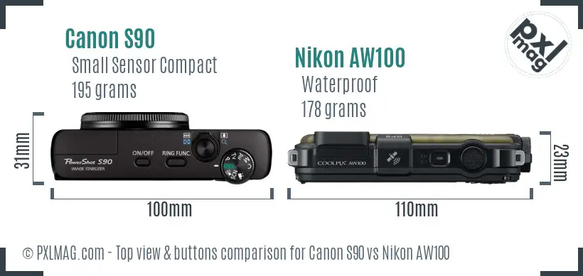 Canon S90 vs Nikon AW100 top view buttons comparison