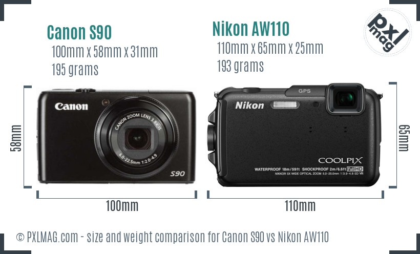 Canon S90 vs Nikon AW110 size comparison