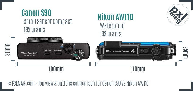 Canon S90 vs Nikon AW110 top view buttons comparison