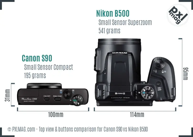 Canon S90 vs Nikon B500 top view buttons comparison