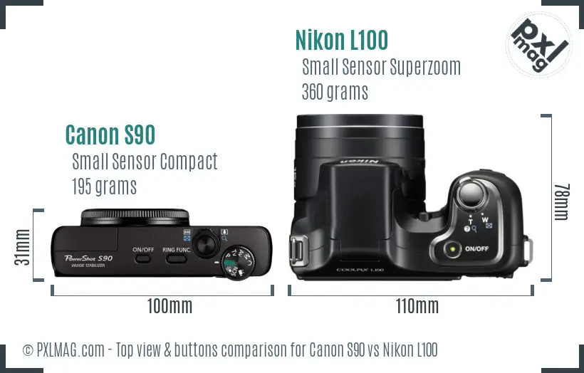 Canon S90 vs Nikon L100 top view buttons comparison Canon S90 vs Nikon L100 top view buttons comparison