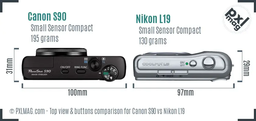 Canon S90 vs Nikon L19 top view buttons comparison