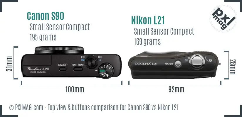 Canon S90 vs Nikon L21 top view buttons comparison