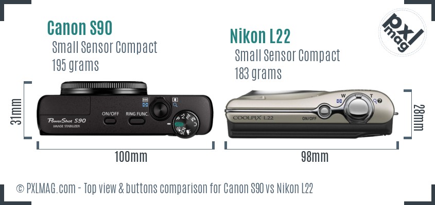 Canon S90 vs Nikon L22 top view buttons comparison