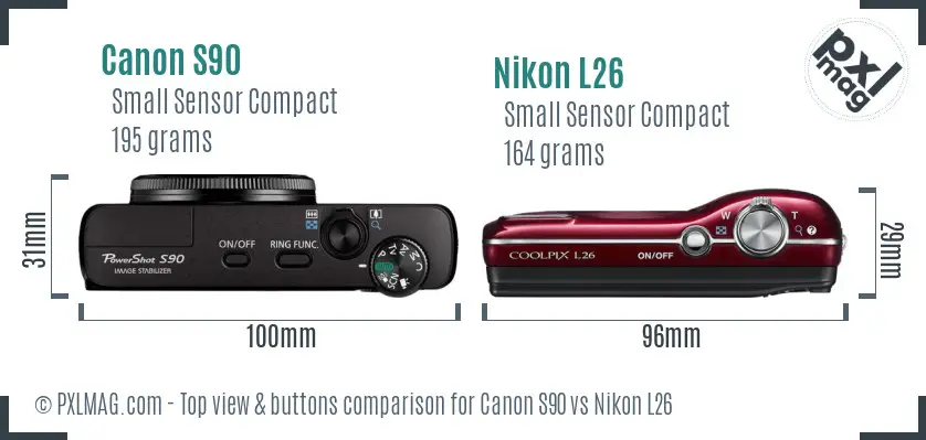 Canon S90 vs Nikon L26 top view buttons comparison