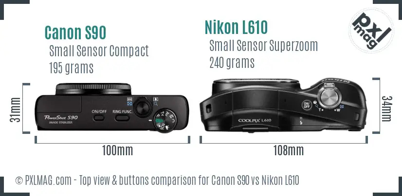 Canon S90 vs Nikon L610 top view buttons comparison