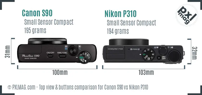Canon S90 vs Nikon P310 top view buttons comparison