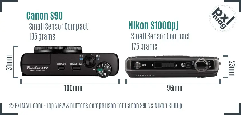 Canon S90 vs Nikon S1000pj top view buttons comparison