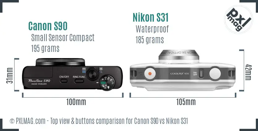 Canon S90 vs Nikon S31 top view buttons comparison