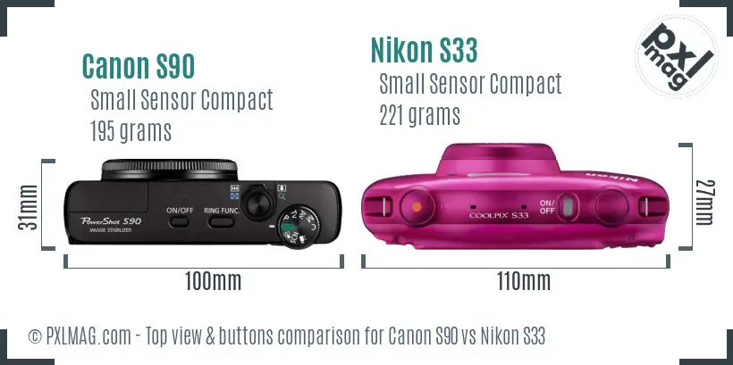 Canon S90 vs Nikon S33 top view buttons comparison