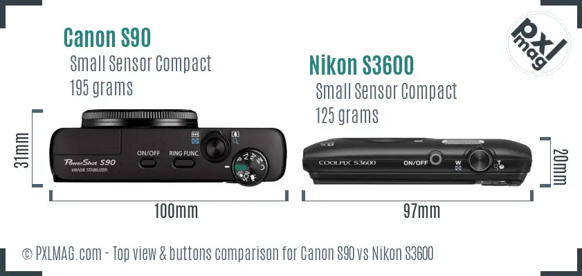 Canon S90 vs Nikon S3600 top view buttons comparison Canon S90 vs Nikon S3600 top view buttons comparison