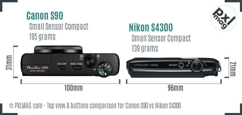 Canon S90 vs Nikon S4300 top view buttons comparison