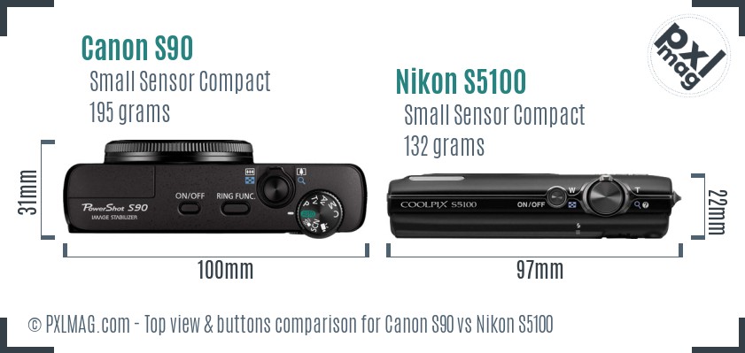 Canon S90 vs Nikon S5100 top view buttons comparison