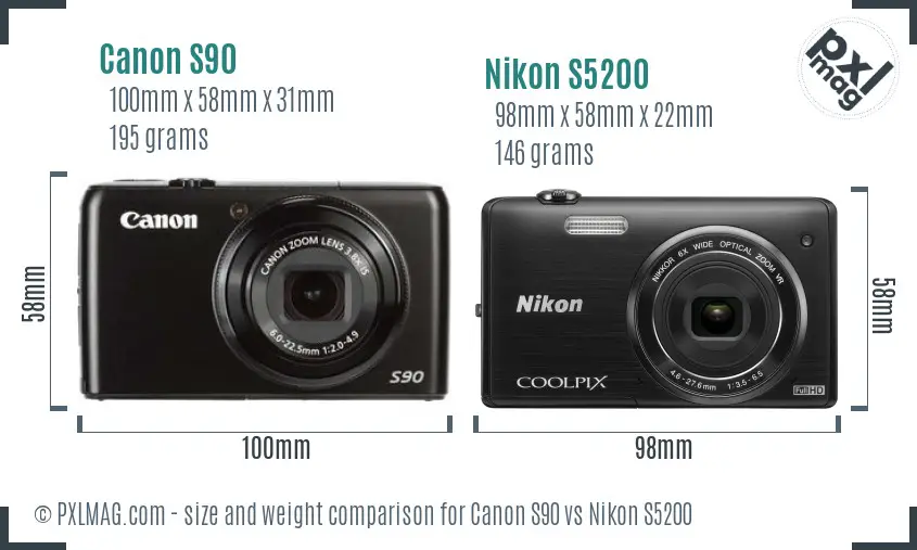 Canon S90 vs Nikon S5200 size comparison