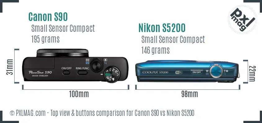 Canon S90 vs Nikon S5200 top view buttons comparison