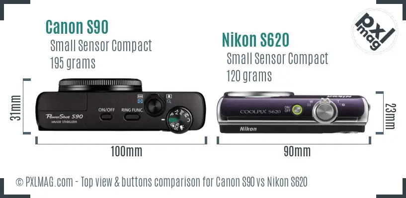 Canon S90 vs Nikon S620 top view buttons comparison Canon S90 vs Nikon S620 top view buttons comparison
