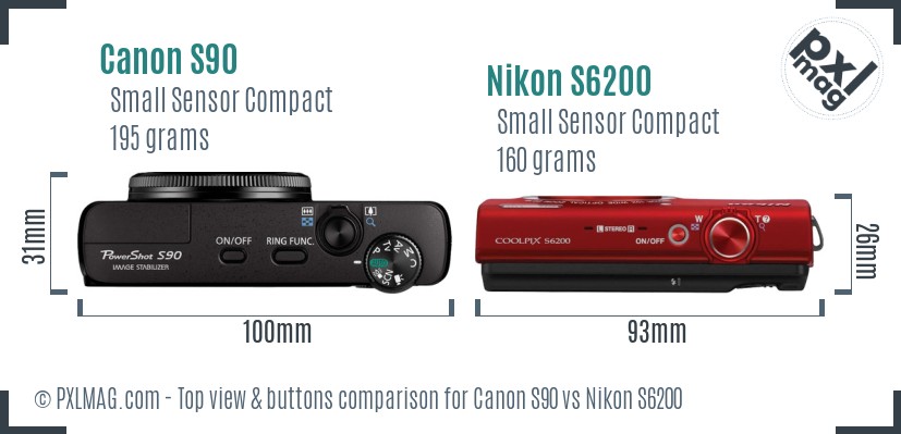 Canon S90 vs Nikon S6200 top view buttons comparison