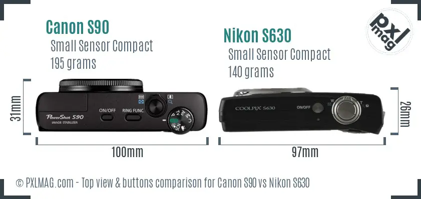 Canon S90 vs Nikon S630 top view buttons comparison Canon S90 vs Nikon S630 top view buttons comparison