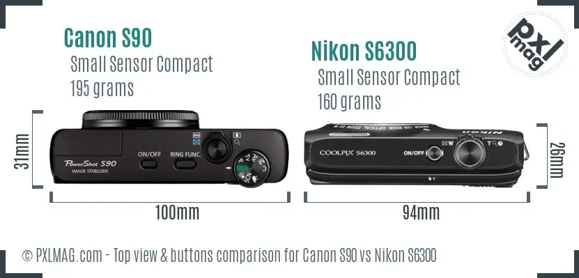 Canon S90 vs Nikon S6300 top view buttons comparison