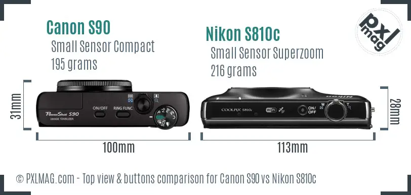 Canon S90 vs Nikon S810c top view buttons comparison