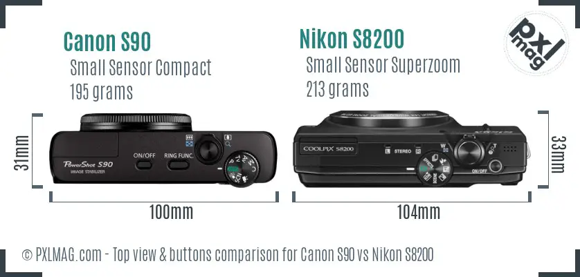 Canon S90 vs Nikon S8200 top view buttons comparison