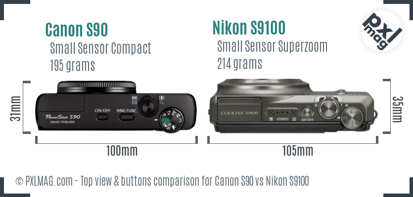 Canon S90 vs Nikon S9100 top view buttons comparison