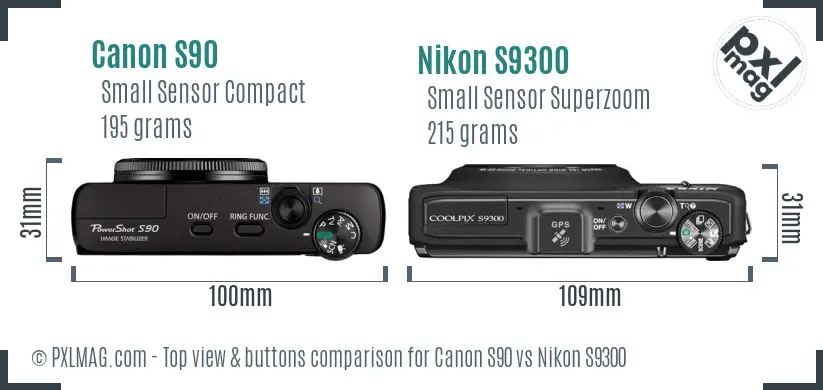 Canon S90 vs Nikon S9300 top view buttons comparison