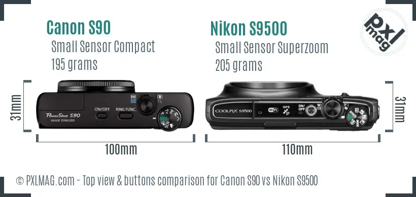 Canon S90 vs Nikon S9500 top view buttons comparison