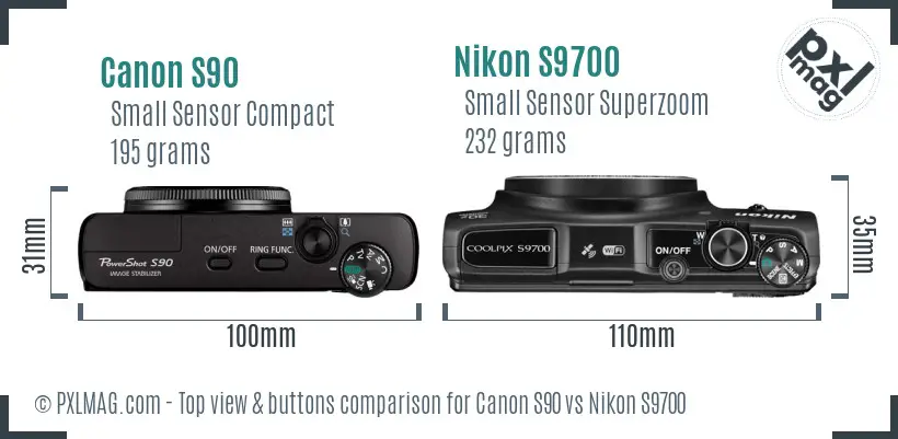 Canon S90 vs Nikon S9700 top view buttons comparison