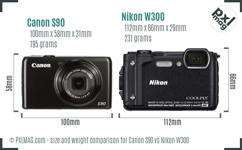 Canon S90 vs Nikon W300 size comparison