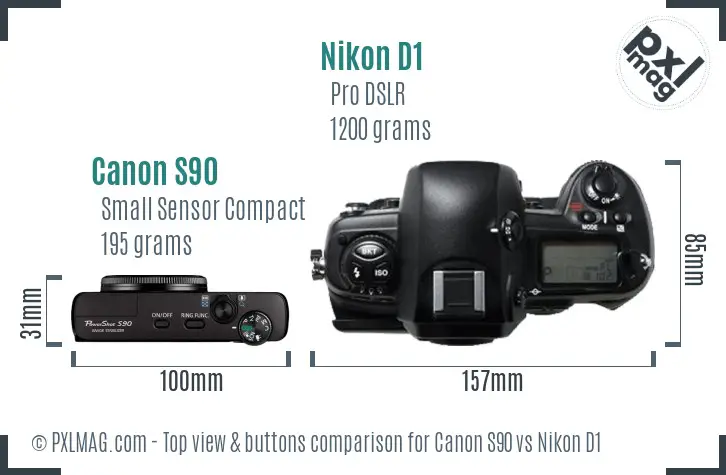 Canon S90 vs Nikon D1 top view buttons comparison