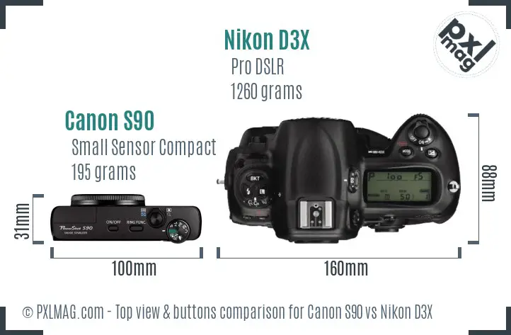 Canon S90 vs Nikon D3X top view buttons comparison