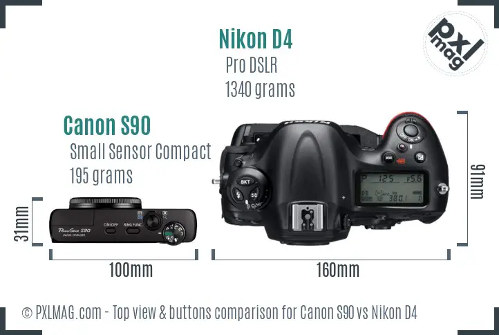 Canon S90 vs Nikon D4 top view buttons comparison