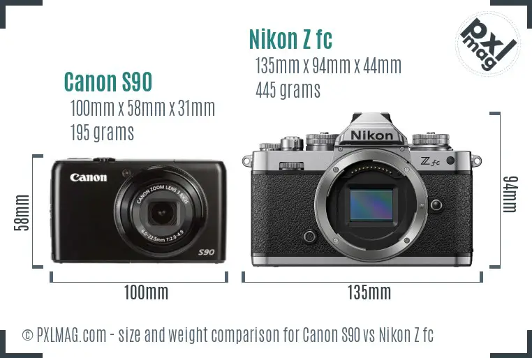 Canon S90 vs Nikon Z fc size comparison