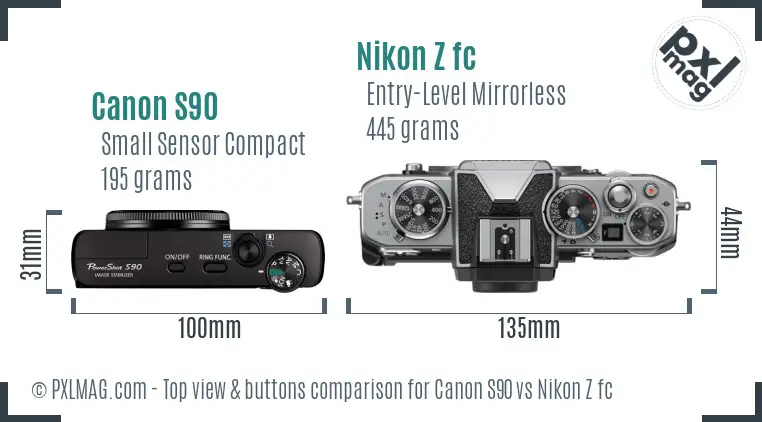 Canon S90 vs Nikon Z fc top view buttons comparison