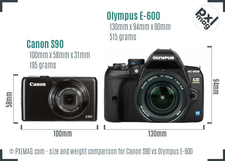 Canon S90 vs Olympus E-600 size comparison