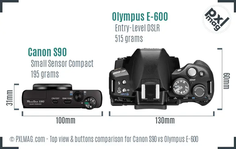Canon S90 vs Olympus E-600 top view buttons comparison