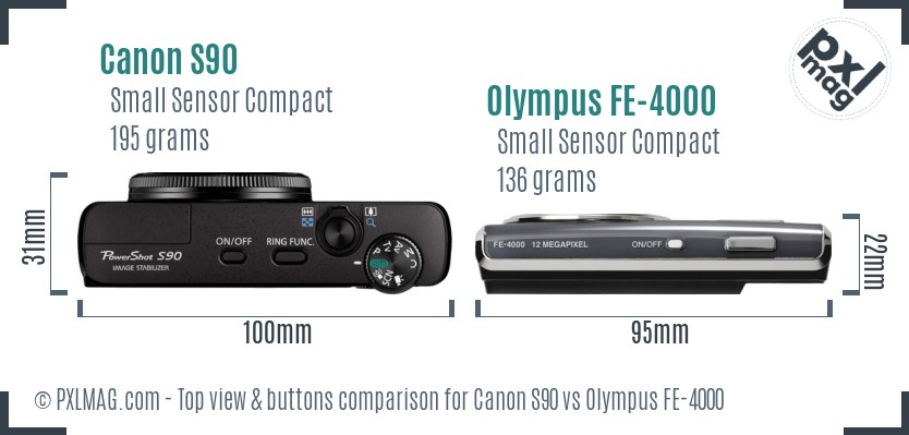 Canon S90 vs Olympus FE-4000 top view buttons comparison