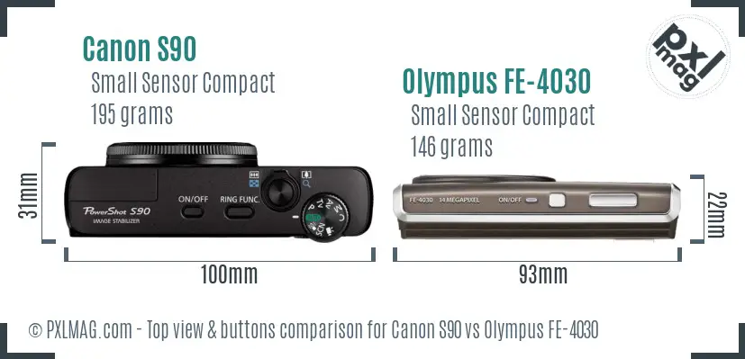 Canon S90 vs Olympus FE-4030 top view buttons comparison