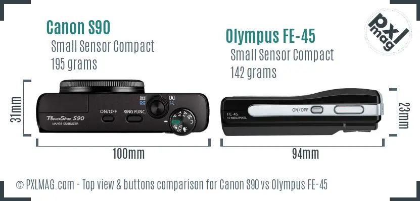 Canon S90 vs Olympus FE-45 top view buttons comparison Canon S90 vs Olympus FE-45 top view buttons comparison