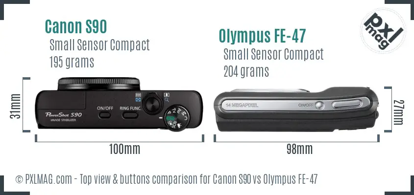 Canon S90 vs Olympus FE-47 top view buttons comparison