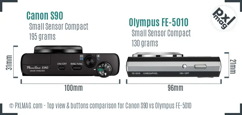 Canon S90 vs Olympus FE-5010 top view buttons comparison