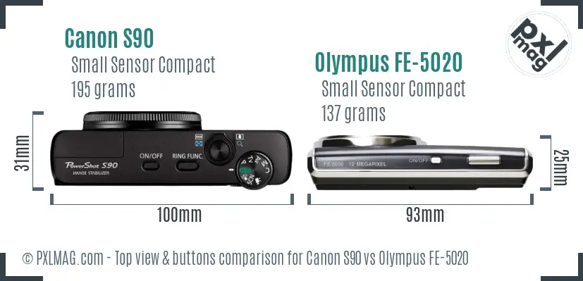 Canon S90 vs Olympus FE-5020 top view buttons comparison Canon S90 vs Olympus FE-5020 top view buttons comparison