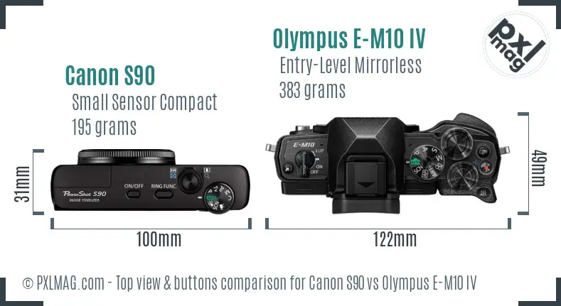 Canon S90 vs Olympus E-M10 IV top view buttons comparison