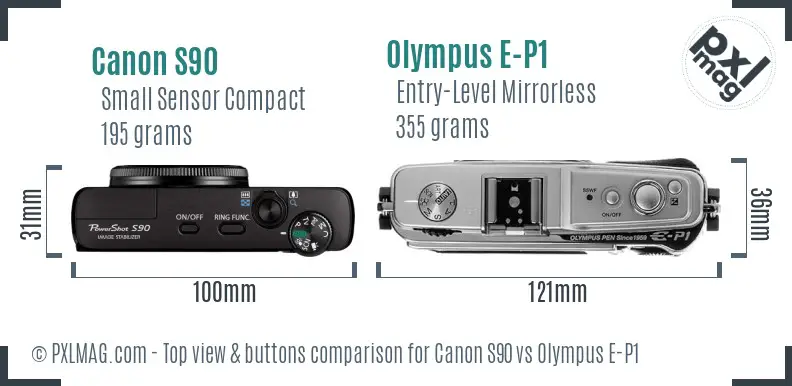 Canon S90 vs Olympus E-P1 top view buttons comparison