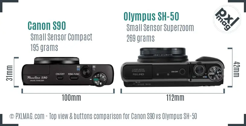 Canon S90 vs Olympus SH-50 top view buttons comparison